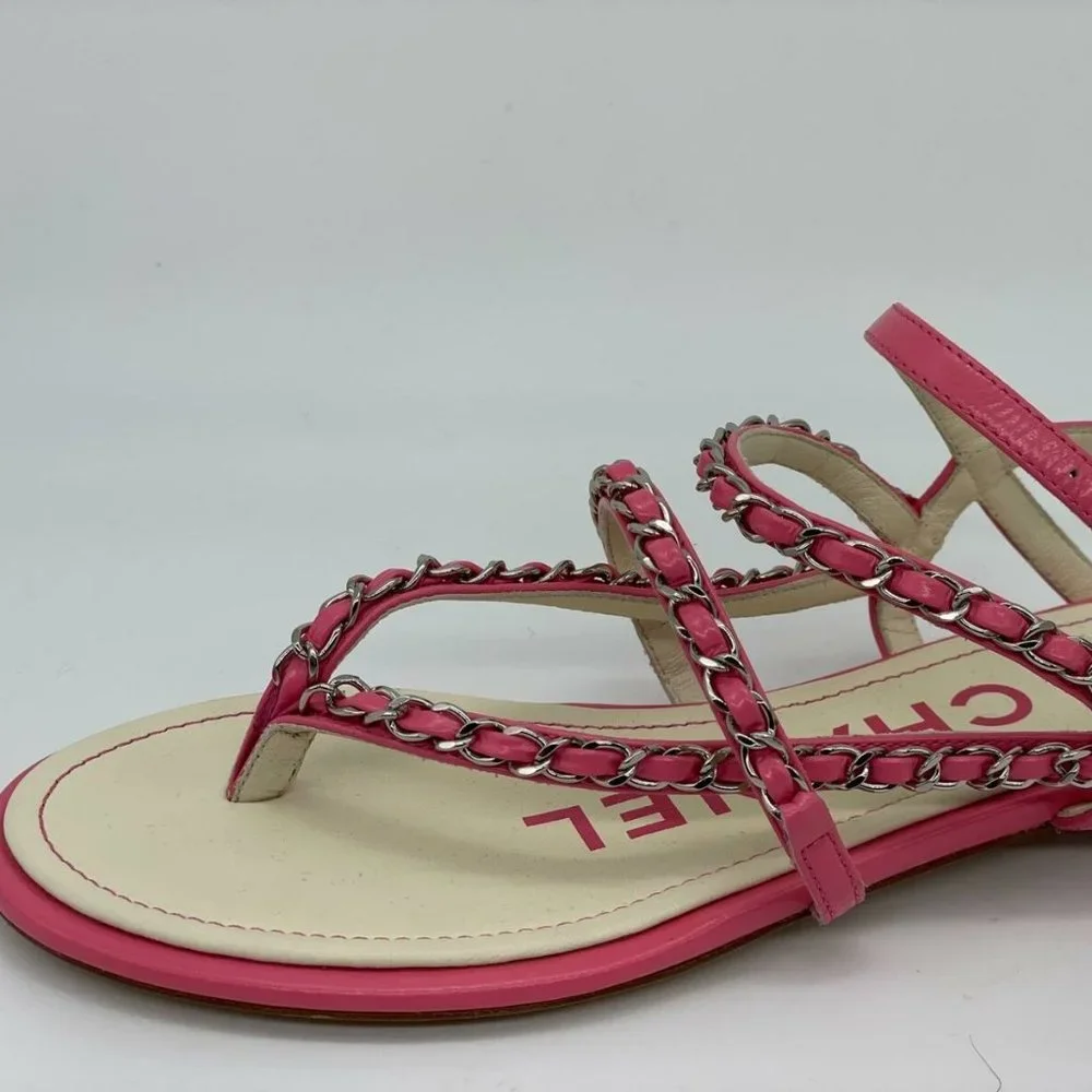 CHANEL 19P Leather Chain Strappy Thong Flat Sandals Shoes - Picture 7 of 10